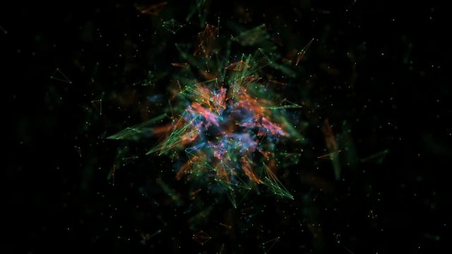 Abstract star like cluster of fragments electronic debris slowly turning background