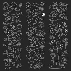 Boys and girls playing sports illustration Fitness, football, soccer, yoga, tennis, basketball, hockey, volleyball