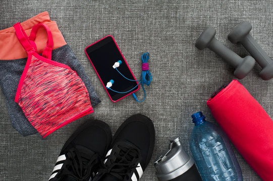 Sport Concept - Background, Flatlay Of Sport, Gym Equipment, Woman Workout. Text Space