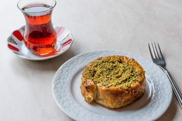 Turkish Konya Dessert Sac Arasi with Pistachio Powder / Kunefe Kadayif or Katmer
