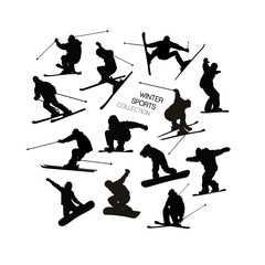 Set collection of black alpine skier s and snowboarders silhouettes isolated on white background.