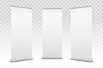 Creative vector illustration of empty roll up banners with paper canvas texture isolated on transparent background. Art design blank template mockup. Concept graphic promotional presentation element