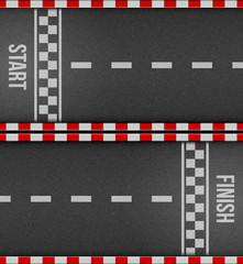 Naklejka premium Creative vector illustration of finish line racing background top view. Art design. Start or finish on kart race. Grunge textured on the asphalt road. Abstract concept graphic element