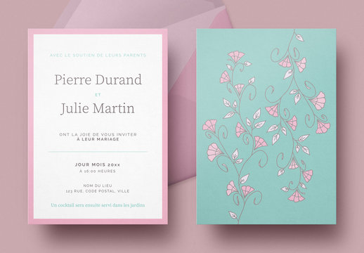 Invitation de mariage bleue et rose