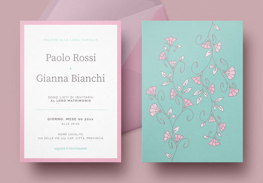 Invito nuziale floreale color ottanio e roseo