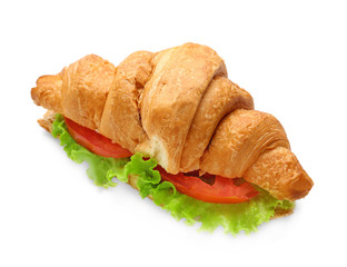 Delicious croissant sandwich on white background