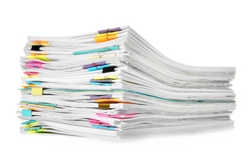 Stack of documents on white background