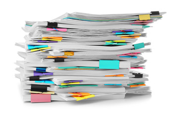 Stack of documents on white background
