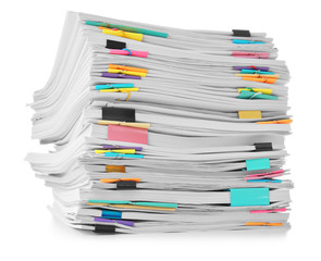 Stack of documents on white background