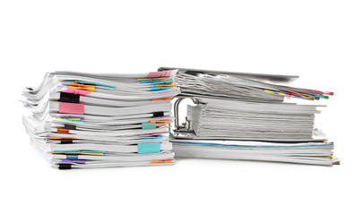 Stacks of documents on white background