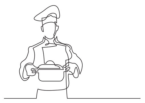 continuous line drawing of chef holding pot of meal
