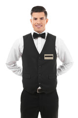 Handsome waiter on white background