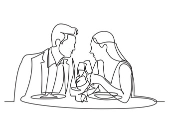 continuous line drawing of man and woman dating dining in restaurant