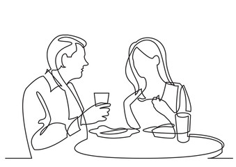 continuous line drawing of man and woman dining in restaurant