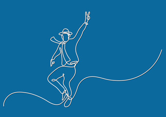 continuous line drawing of expressive happy jumping man showing victory sign