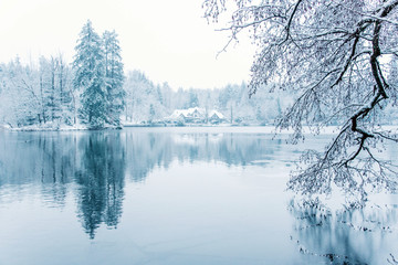 Winter house in snowy forest on lake in Germany.