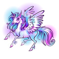 Beautiful unicorn vector illustration. Magic fantasy horse design for kids T-shirt and bags. Unicorn with rainbow hairs
