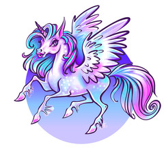 Obraz na płótnie Canvas Beautiful unicorn vector illustration. Magic fantasy horse design for kids T-shirt and bags. Unicorn with rainbow hairs