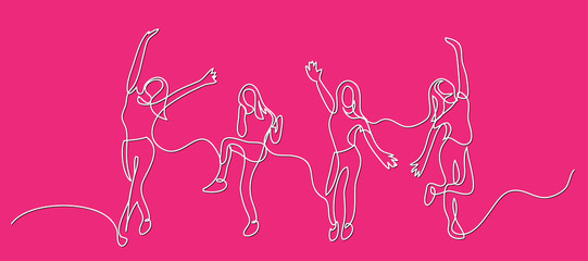 continuous line drawing of happy cheering team of girls