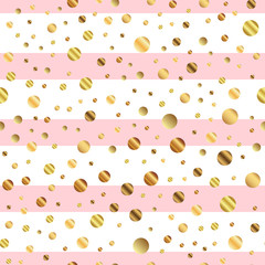 Golden dots seamless pattern on pink striped background. Terrific gradient golden dots endless random scattered confetti on pink striped background. Confetti fall chaotic decor.