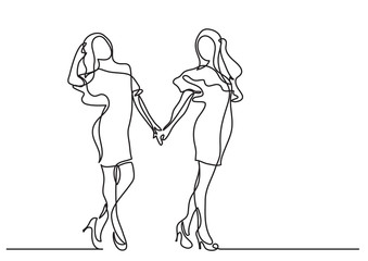 continuous line drawing of two happy standing young women