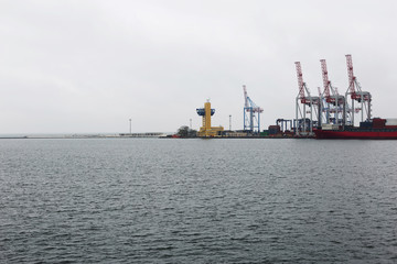 Seaport with ships and seagulls in cloudy and hazy weather