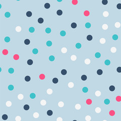 Colorful polka dots seamless pattern on bright 19 background. Terrific classic colorful polka dots textile pattern. Seamless scattered confetti fall chaotic decor. Abstract vector illustration.