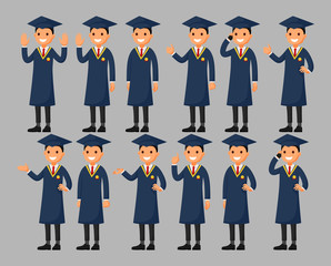 Set of a graduation cartoon character in different poses. Vector illustration in a flat style