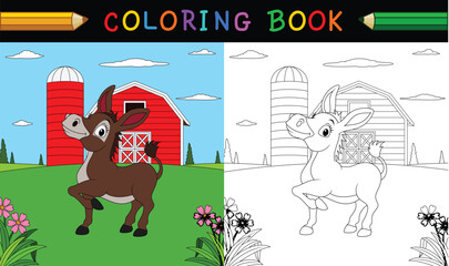 Coloring book or page. Cute donkey in the farm