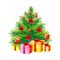 Christmas tree with bows, gift, on a white
