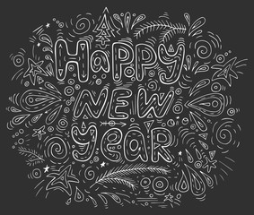 Christmas and Happy New Year black and white lettering.Set of greeting cards made in hand-drawn style.