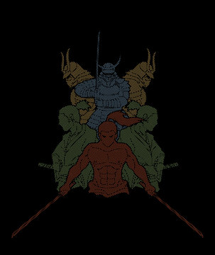 Group of Samurai, Ready to fight action designed using dots pixels cartoon graphic vector