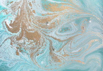 Naklejka na ściany i meble Marble abstract acrylic background. Nature green marbling artwork texture. Golden glitter.