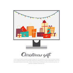 Computer Monitor With Garland And Holiday Decorations Christmas Gift Concept New Year Sales On Gadgets Banner Vector Illustration