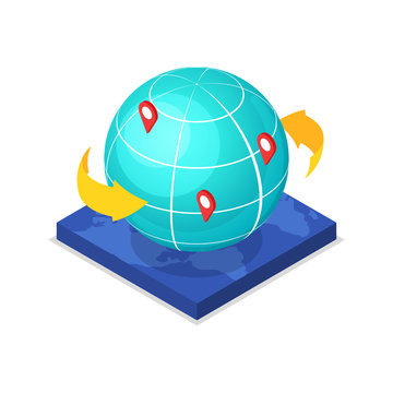 Worldwide route logistics concept with globe and pin pointers isometric 3D icon. Freight shipping and distribution, world delivery transportation vector illustration.