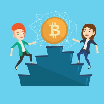 Two young caucasian white women running up the pedestal and competing for the investment into ICO projects. Concept of investment, startup, ICO initial coin offering. Vector cartoon illustration.