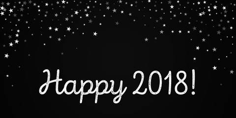 Happy 2018 greeting card. Random falling stars background. Random falling stars on black background. Pleasing vector illustration.