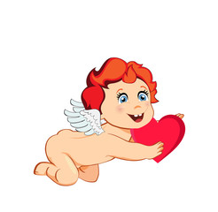 angel with ginger hair and white wings holding red heart in hands