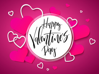 Vector illustration of valentine's day greetings card with hand lettering label - happy valentine's day - with a lot of heart shapes