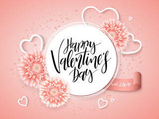 Vector illustration of valentine's day greetings card with hand lettering label - happy valentine's day - with a lot of heart shapes and chrysanthemum flowers