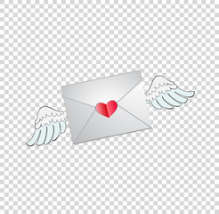 Vector Illustration of envelope with heart stamp and white angel wings