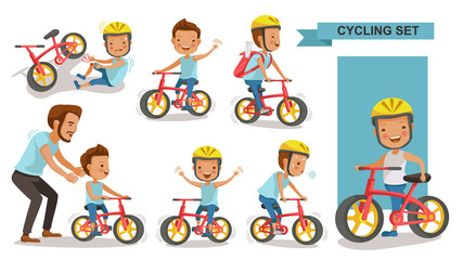 Obraz premium Cycling boy set. Father teaching son. child riding urban bicycle in helmet. Bike First and Injured leg injury. male road cyclist. Playing the playground. exercise, go to school. Biker culture concept