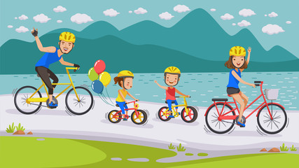 Cycling Family Happy family. Cycling along the road in natural scenery. Beautiful lake. Parents, sons and daughters. Holiday travel Concept of bicycle culture. Driver's family. Exercise , health