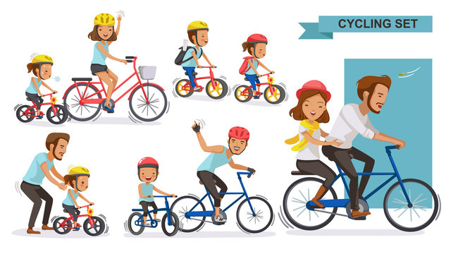 Cycling Couple set. Happy family riding bicycles together. parent, Fatherhood, Motherhood,
Brother, son, daughter, father, cute cartoon. Vector illustrations isolated on a white background.