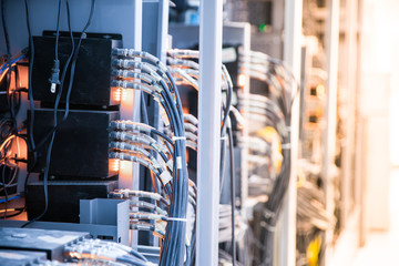 network cables connected to a switch and patch-panel,internet concept background,symbol of global communications