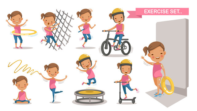 Exercise Little girl set. Sport Kids with play swimming In the swimsuit holds a rubber ring. Climbing net, Running, cycling, Hula Hoop, yoga,Trampoline, Scooter. character design. Vector Isolated 