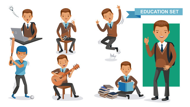 Boys High School of Education set. Using computers, using cell phones, jumping, playing baseball, playing guitar, reading books, hands up, in school uniforms. Student activity concept. Vector