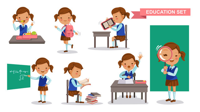 Girl student set. Cute little girl in School uniform, Eat lunch box, backpack, Read e-reader, write on the blackboard, reading books, raise hands, Stand up the magnifying glass.isolated illustration 