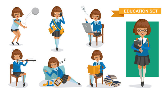 Girls high school of Education set.Playing volleyball, talking on the phone, computer thinking, thinking, playing flute, listening, sleeping, reading. Student activity concept. character design.Vector