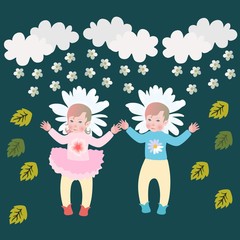 Cute babies girl and boy and fairy clouds. Baby shower for newborn celebration greeting or invitation card. Beautiful vector design. It's twins.